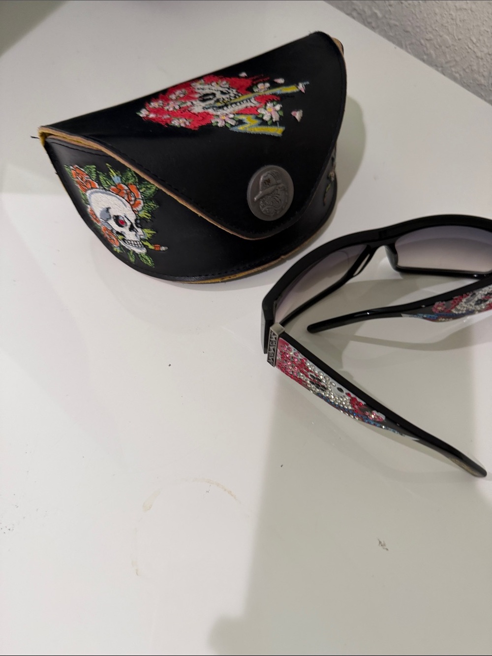 Ed Hardy Black Sunglasses with Pink & White Embellished Temples and Skull Case